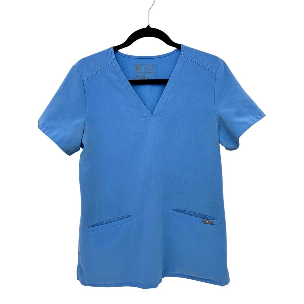 FIGS Technical Collection Womens Scrub Top Size S Blue Short Sleeve V Neck Stain